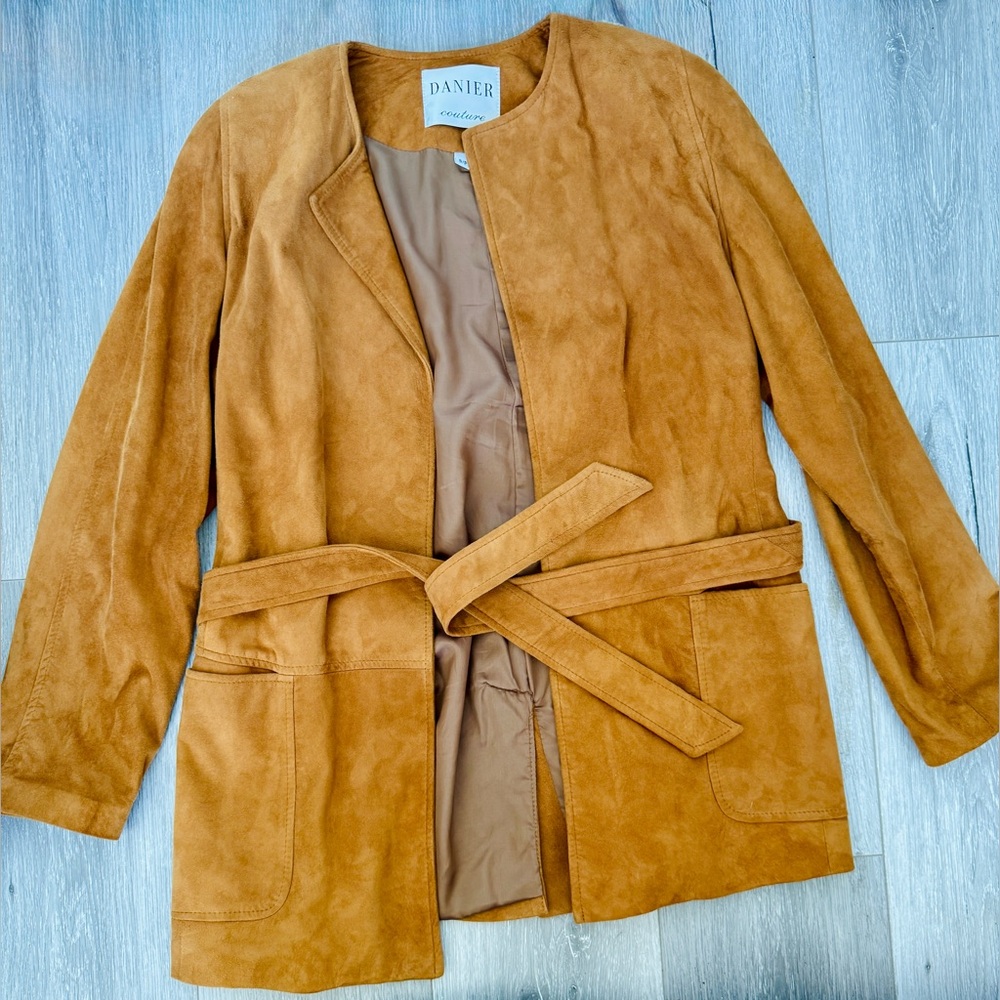Danier Tan Genuine Suede Leather Belted Jacket Coat - Medium